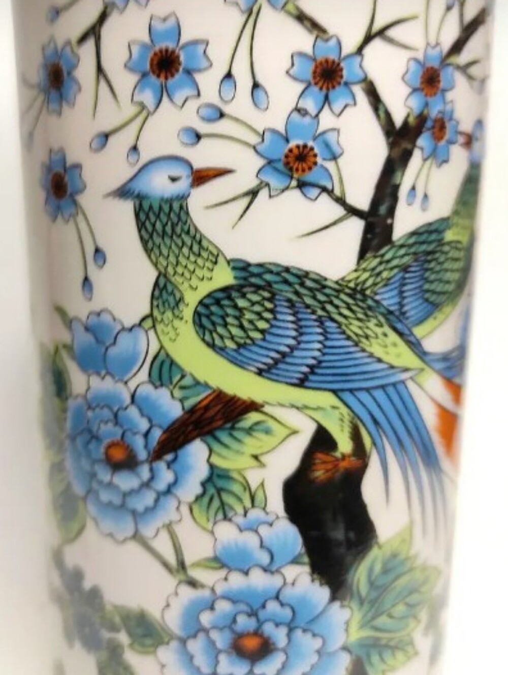Vintage Japanese Porcelain Cylinder Vase Blue Peony & Pheasants Mid century 10"